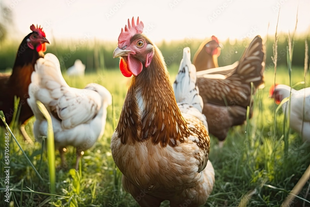 Organic farm with happy hens Chicken Portrait. Generative AI