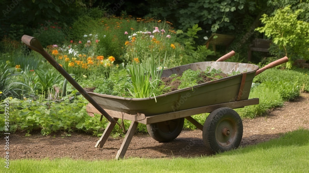 Wheelbarrow with plants inside ready to plant in the garden of a farm Generative AI