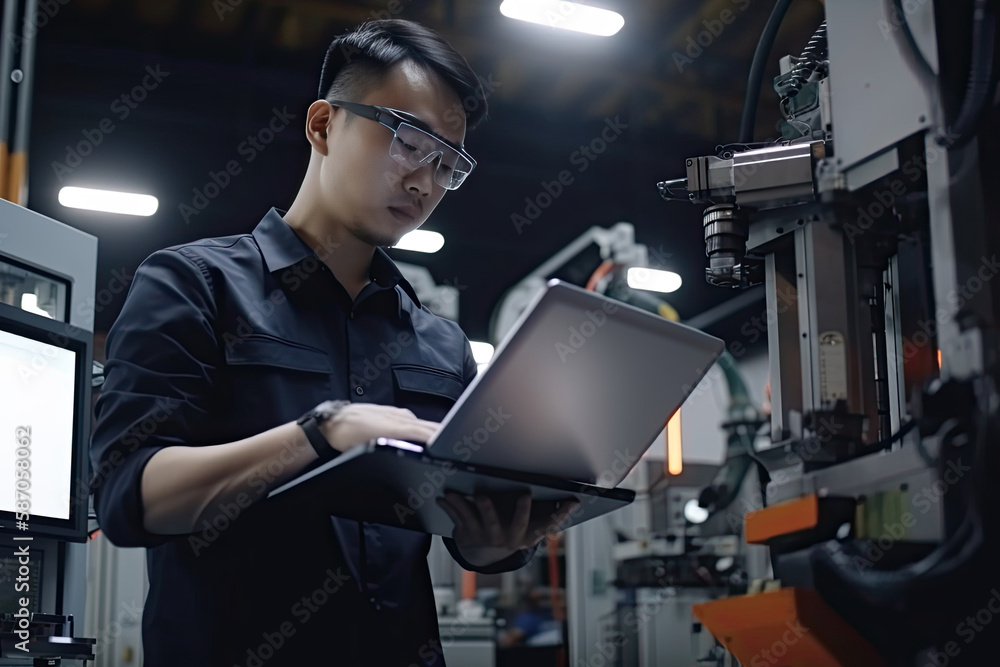 Fototapeta premium Engineer with tablet computer at factory workplace. Industrial worker controls operation of robotic production line. Created with Generative AI