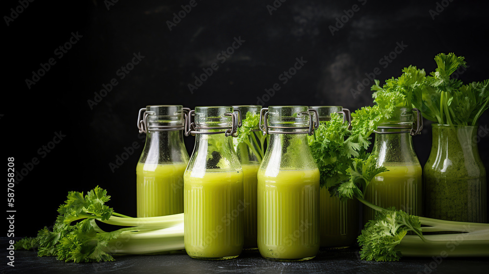Celery smoothies in glass bottles on black stone background. Detox menu. Free space for text. Generative Ai Celery smoothies in glass bottles on black stone background. Detox menu. Free space for text. Generative Ai