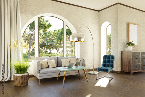 luxurious landhouse countryhouse apartment with arched window and landscape view  noble interior living room design mock up  3D Illustration