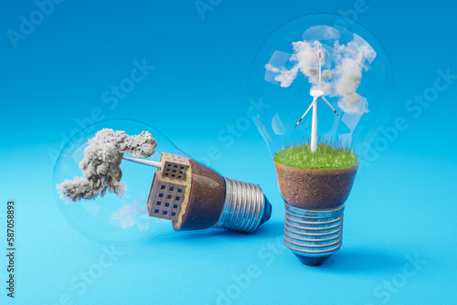 lightbulbs with minature wind turbine and coal-fired power station  inside; green soil and clouds; pollution and smoke; renewable clean energy concept; infinite background; 3D Illustration photo
