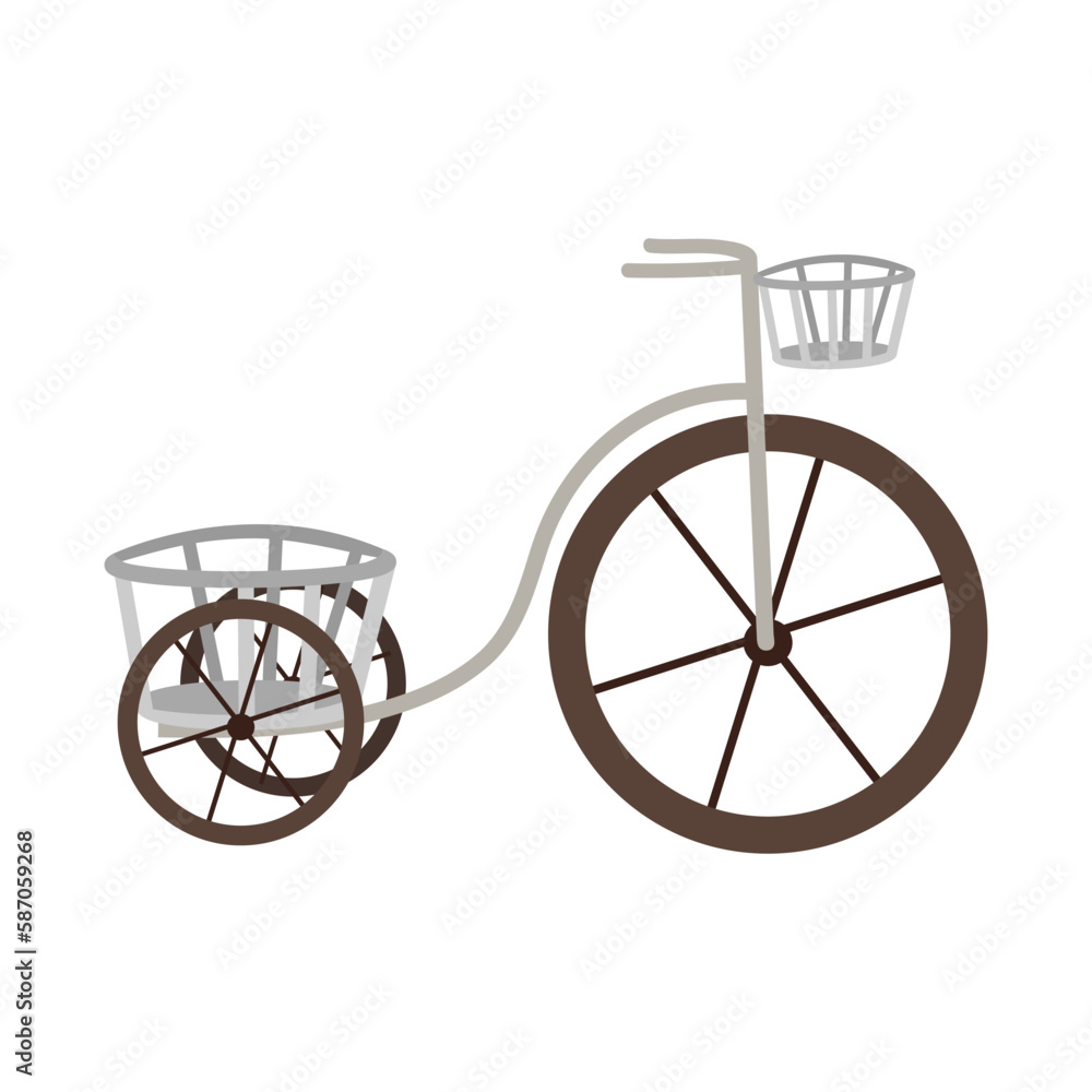 Vector bike with basket. Beautiful vintage bicycle. Two-wheeled transport. Flat style object. White isolated background.
