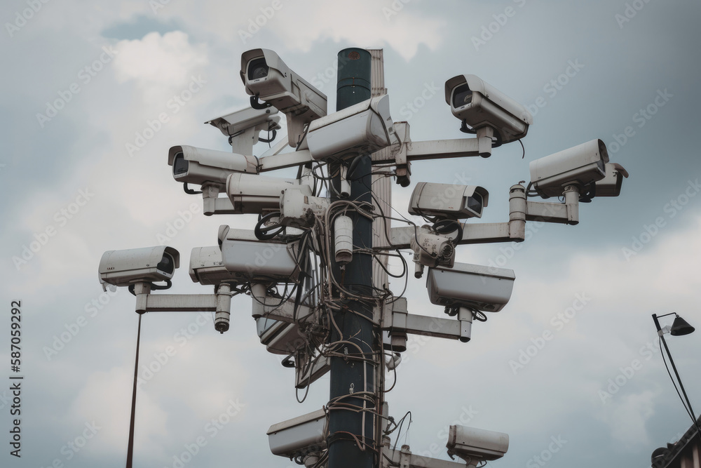 Lots of cctv security cameras monitoring a city. Generative ai