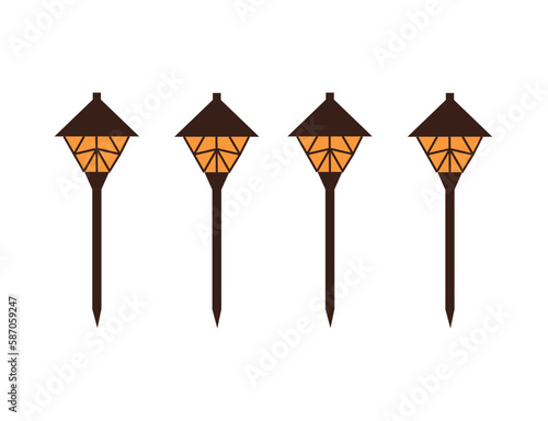 Vector set of streetlights. Lighting outdoor garden urban fixture flat. Beautiful and stylish lanterns. Street and garden lighting. Vector garden decor object. White isolated background.