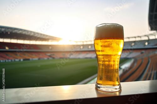 Glass of beer on football stadium background photo