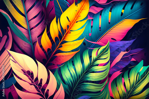 Colorful tropical leaves pattern. Generative AI illustration