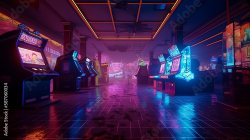 Tela Arcade with fighting games,the arcade machines are brightly colored with neon li