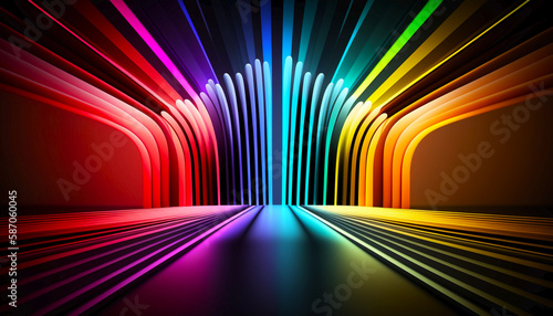 Rainbow abstract neon background. Empty room with laser linear shape glowing. Generative AI