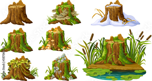 Cartoon broken tree in moss in swamp jungle. Stump with liana branches, ivy, cattails, bulrush. Log in honey mushrooms, under snow, with fungus. Isolated vector elements game on white background.