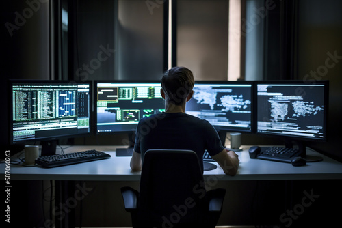 Programmer working on computers with multiple monitors, back view