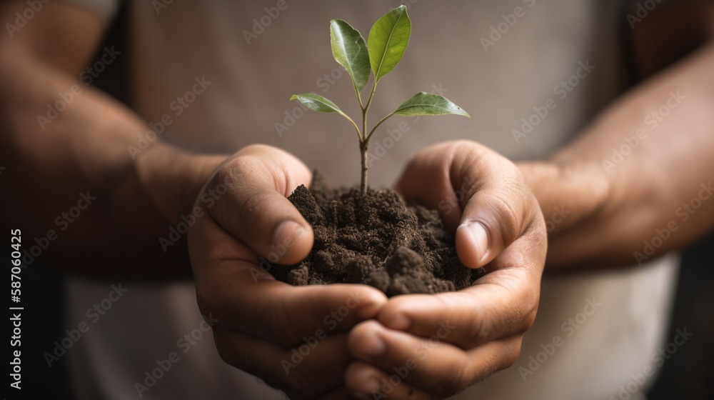 Man's hands holding a small plant with soil Generative AI