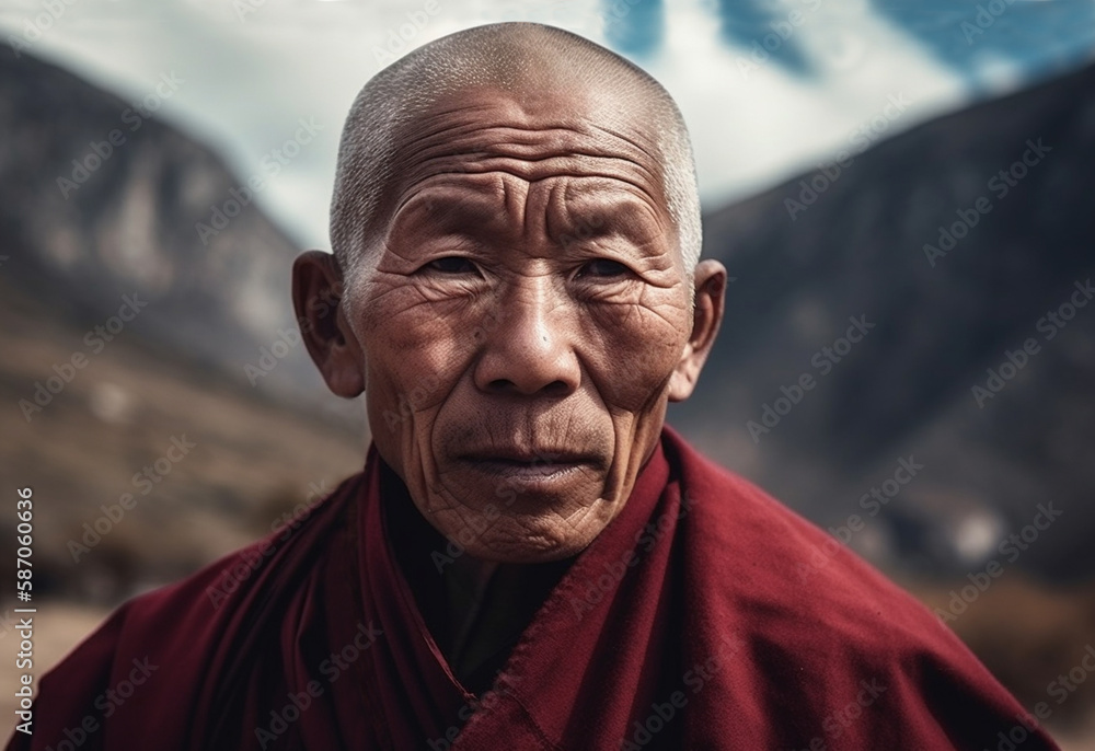Portrait of a Buddhist monk in Ladakh, India. Generative AI - obrazy, fototapety, plakaty 