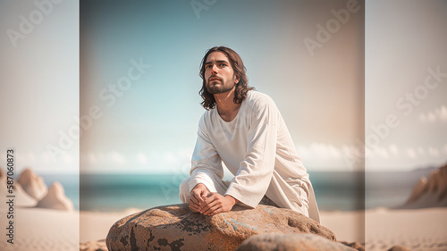 jesus christ in white clothes laying at rock stone and looking thinking into sky at the coast beach with ocean in bachkground, generative AI