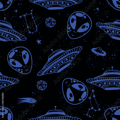 Seamless alien pattern. Hand drawn doodle background for twxtile, fashion wear, wrapping paper and more