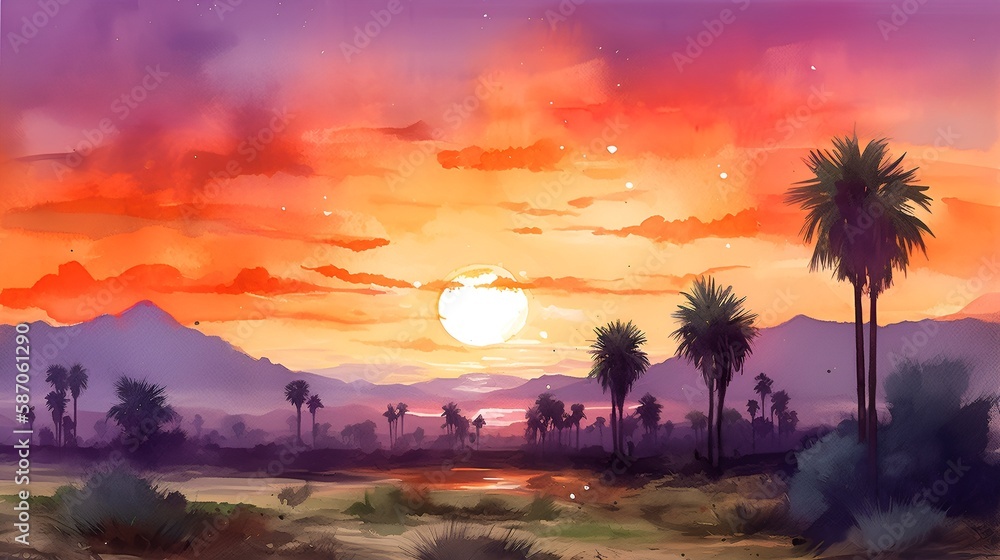 Desert Sunset, Palm Trees, Mosque Silhouettes, Vibrant Orange, Purple Sky, Generative Ai, Generative, Ki