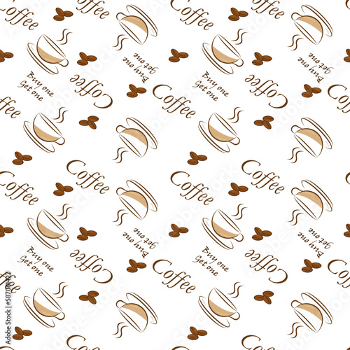 Seamless pattern with cup of  coffee and text on an isolated background