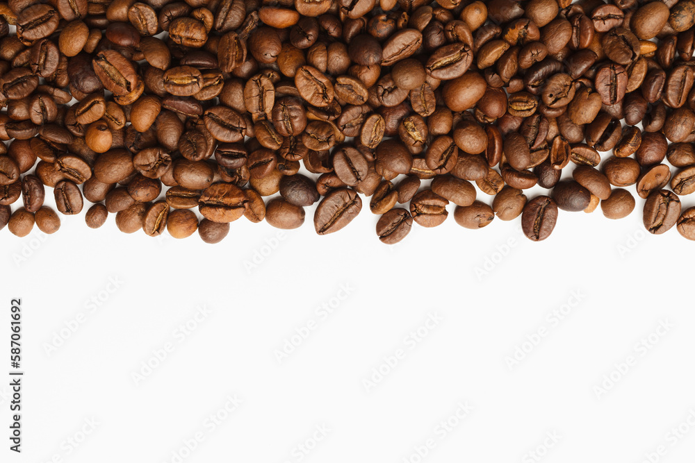 Coffee beans border on white background. Copy space for text Coffee beans border on white background. Copy space for text