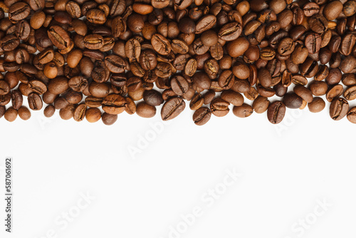 Coffee beans border on white background. Copy space for text