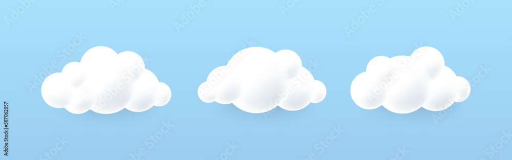 White 3d clouds on a blue background. Soft round cartoon fluffy cloudy sky. Cloud 3d icon in the blue sky. Cumulus cartoon sky, fluffy render meteorology shape. Cute weather cotton clouds. Vector