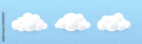 White 3d clouds on a blue background. Soft round cartoon fluffy cloudy sky. Cloud 3d icon in the blue sky. Cumulus cartoon sky, fluffy render meteorology shape. Cute weather cotton clouds. Vector