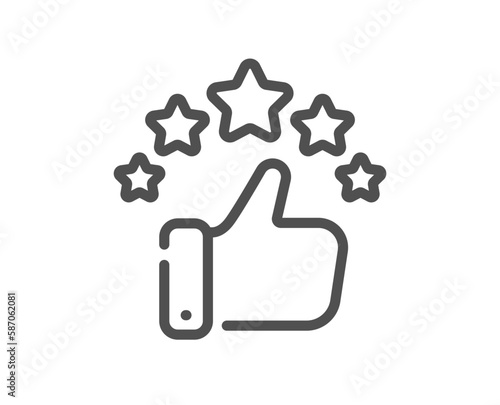 Customer satisfaction icon. Quality review feedback with stars. Rate best service with thumb up hand. Client service review. Rate customer satisfaction, high quality. User feedback stars. Vector