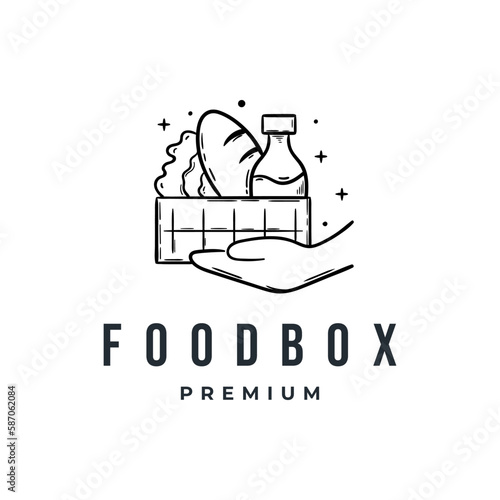 Food box grocery hand drawn logo icon design. Supermarket shopping vector illustration