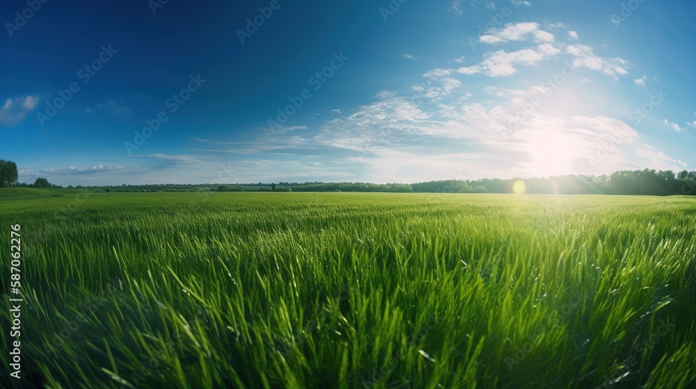 Natural landscape with abundant green grass and a bluish sky on a sunny day Generative AI