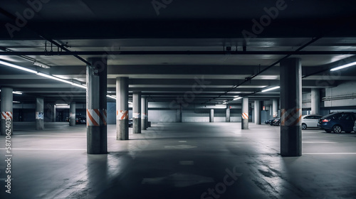 Empty shopping mall underground parking lot or garage interior with concrete stripe painted columns. Generative Ai © vectorizer88
