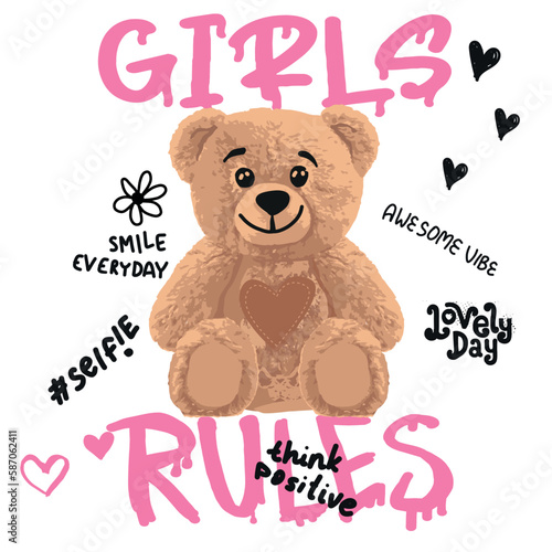 . typography Girls print with slogan and teddy bear. hand drawn toy bear, cute girls vector background for graphic tees, kids wear. apparel, surface print and more
