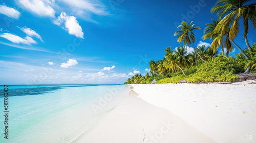 Endless beach scene, calm summer nature landscape. Blue sky and soft ocean waves. Generative Ai