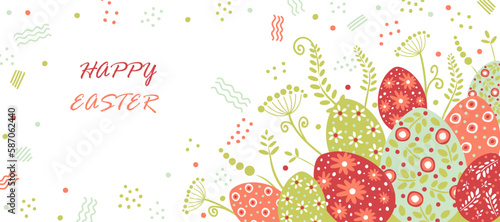Easter horizontal banner. Colorful Easter eggs, leaves and plants on a white background. Postcard with place for text. Red and green colors. Flat style, vector illustration.