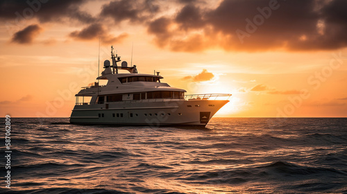 Luxury motor yacht on the ocean at sunset. Generative Ai