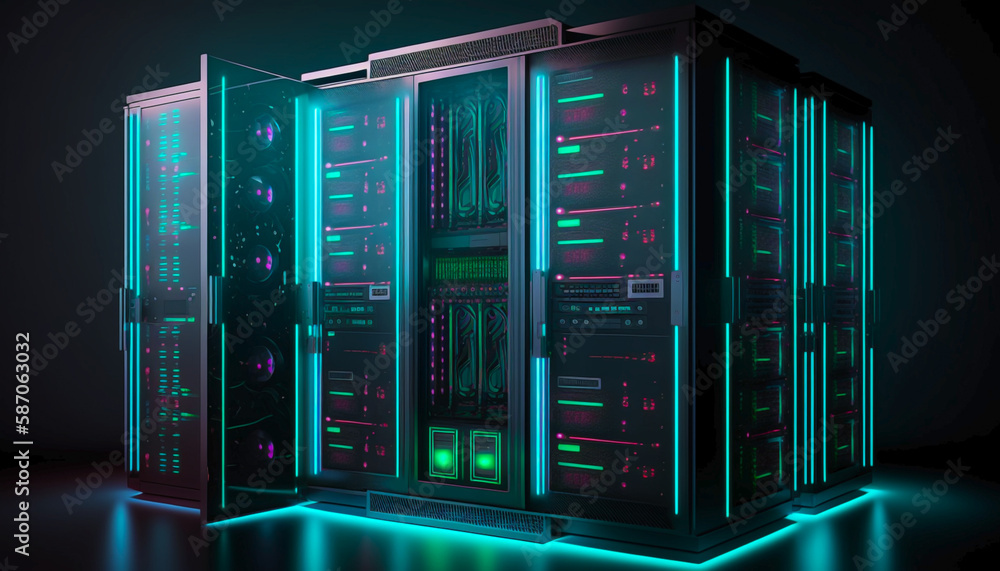 Data center With multiple rows operational server with Super computer room, neon glowing color. Generative AI Data center With multiple rows operational server with Super computer room, neon glowing color. Generative AI