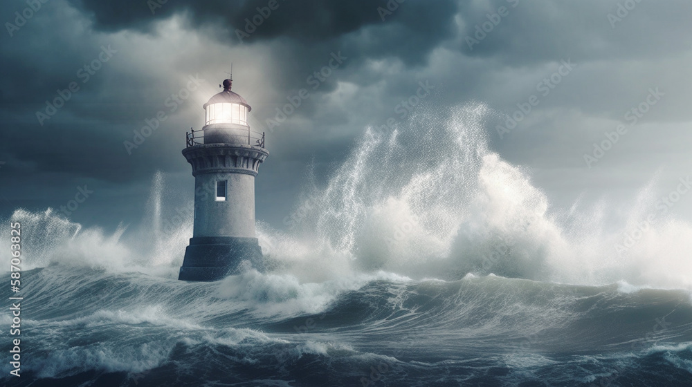 Leuchtturm mitten im Sturm umgeben von Wellen, generative KI