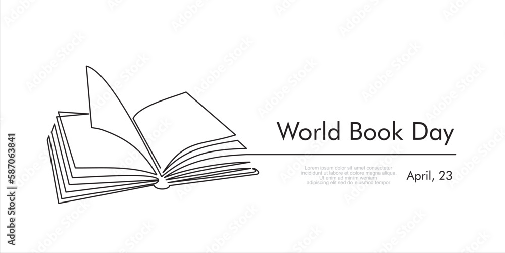 Fototapeta premium World book day. April, 23. Continuous one line drawing of an open book with flying pages. Vector illustration 