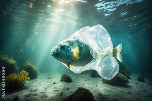 Fish in plastic bag. Massive plastic pollution underwater concept. Ecological problem. Generative AI