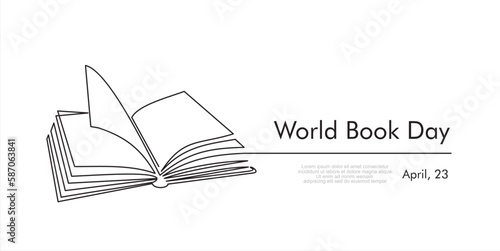 World book day. April, 23. Continuous one line drawing of an open book with flying pages. Vector illustration 