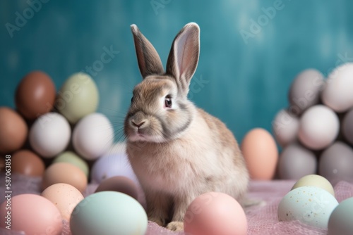 Adorable Easter Bunny with Pastel Eggs on Unicolored Background