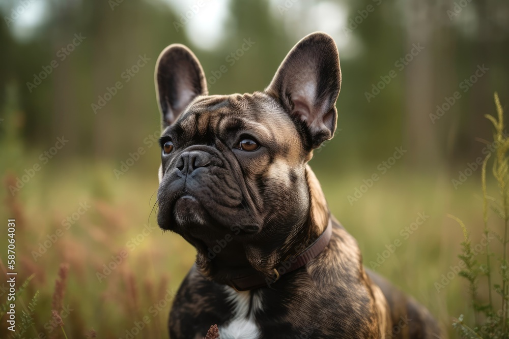 adorable French bulldog posing outside and glancing at the photographer. Generative AI