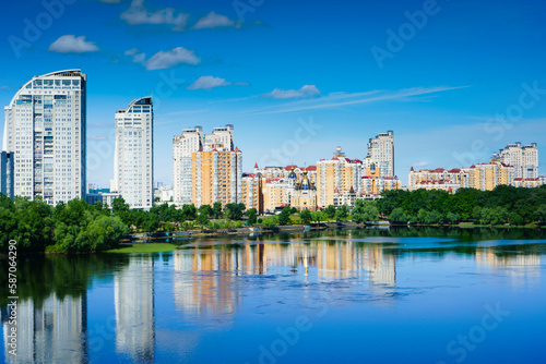 View at Obolonska embankment, residential district in Kyiv, Ukraine 