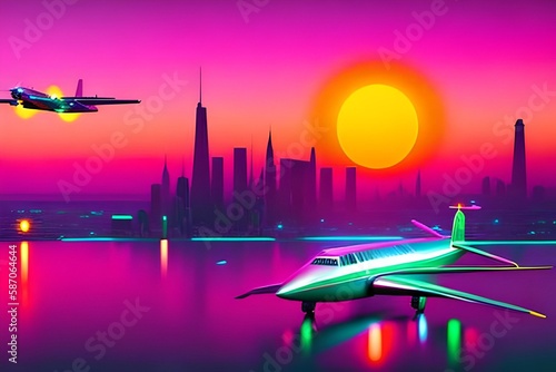 Retro 1980s synthwave glowing neon lights plane with sun and city skyline