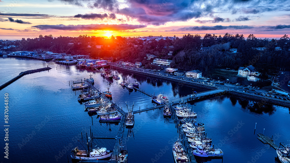 Yaquina Bay Newport Oregon Sunset Drone Photo Fishing Ships 306