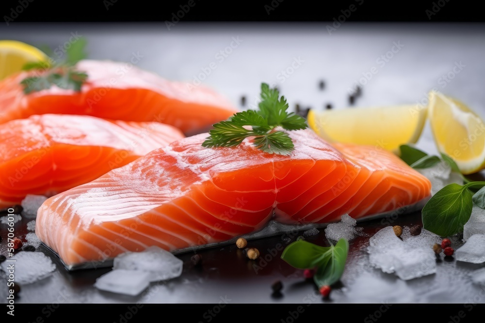fresh salmon with lemon and mint close-up fresh salmon with lemon and mint close-up