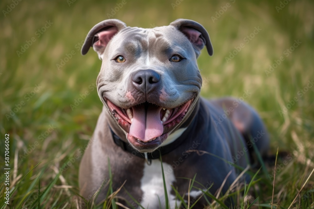 Blue American Staffordshire terrier with a smile. Generative AI
