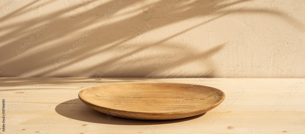 Rustic wood plate mockup and shadows on the wall. Rustic wood plate.. Mock up for food products cosmetics or jewelry. Front view..	
