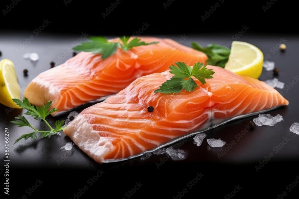 fresh salmon with lemon and mint close-up fresh salmon with lemon and mint close-up