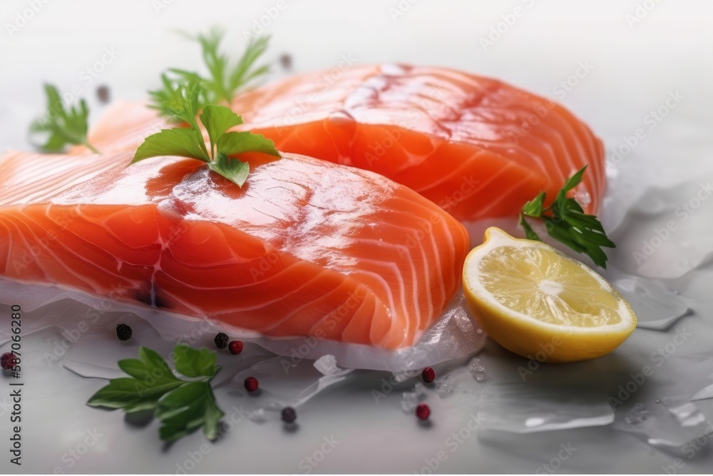 fresh salmon with lemon and mint close-up fresh salmon with lemon and mint close-up