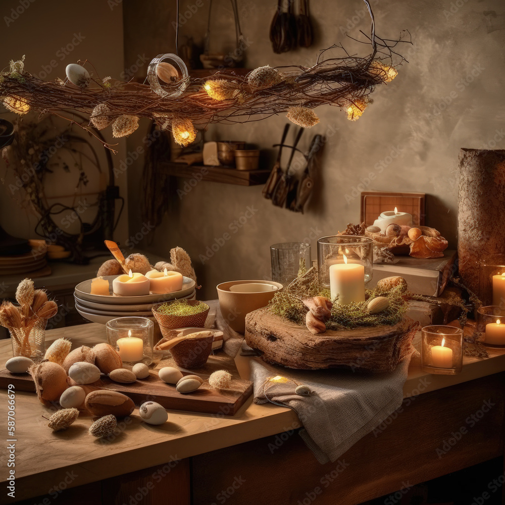 A rustic Easter decor setup, with accent lighting casting a warm glow on natural materials and textures
