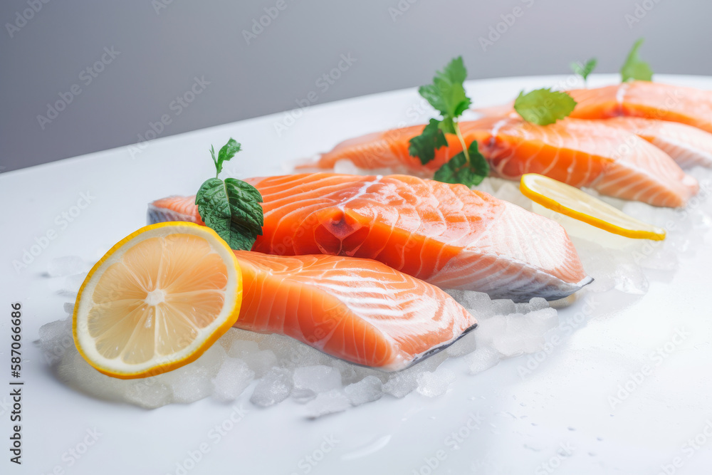 fresh salmon with lemon and mint close-up fresh salmon with lemon and mint close-up